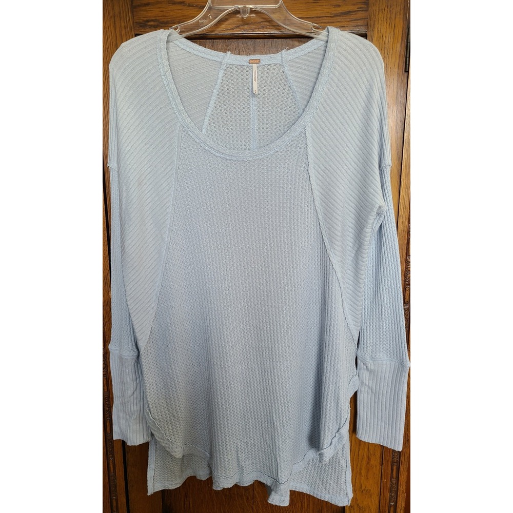 Free People We The Free Laguna Thermal Top Light Blue Waffle Knit Mixed Rib Med